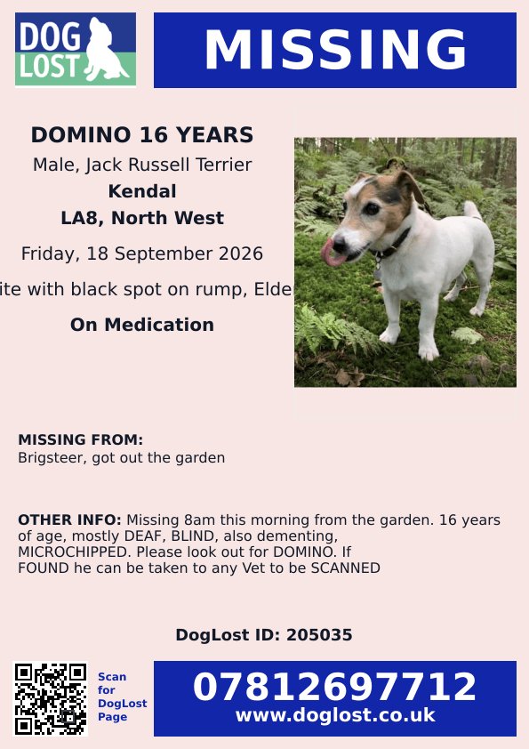 MissingPetsGB's tweet photo. 🐕 #URGENT #KENDAL #CUMBRIA #LA8

#MISSING Jrt DOMINO is 16 years old, mostly DEAF, BLIND, also DEMENTIA, MICROCHIPPED and ON MEDICATION

He was in the garden &amp; got out through a gate that isn't normally used but was found ajar on 18 September 2026 8am 

*BRIGSTEER AREA* https://t.co/e9D5AJEOZx