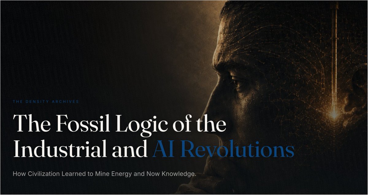 sfiscience's tweet photo. Blue Continuum, a new magazine from Nautilus founder John Steele, launched this week. Among its first stories is an essay from SFI President David Krakauer, “The Fossil Logic of the Industrial and AI Revolutions.”

In the essay, Krakauer looks at the parallels between our use of fossil fuels and the way AI draws from accumulated human knowledge.

Read the essay: https://t.co/xFr3YsSLpW
