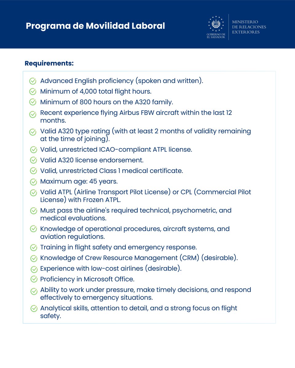 cancilleriasv's tweet photo. 😎 New opportunities for A320 First Officers.

Take part in the selection process for our #MovilidadLaboralSV Program and access temporary employment opportunities abroad.

📅 September 21, from 7:00 a.m. to 12:00 p.m.

🔗 Register: https://t.co/YBZQhrnKPn https://t.co/X2StrOVQZ7