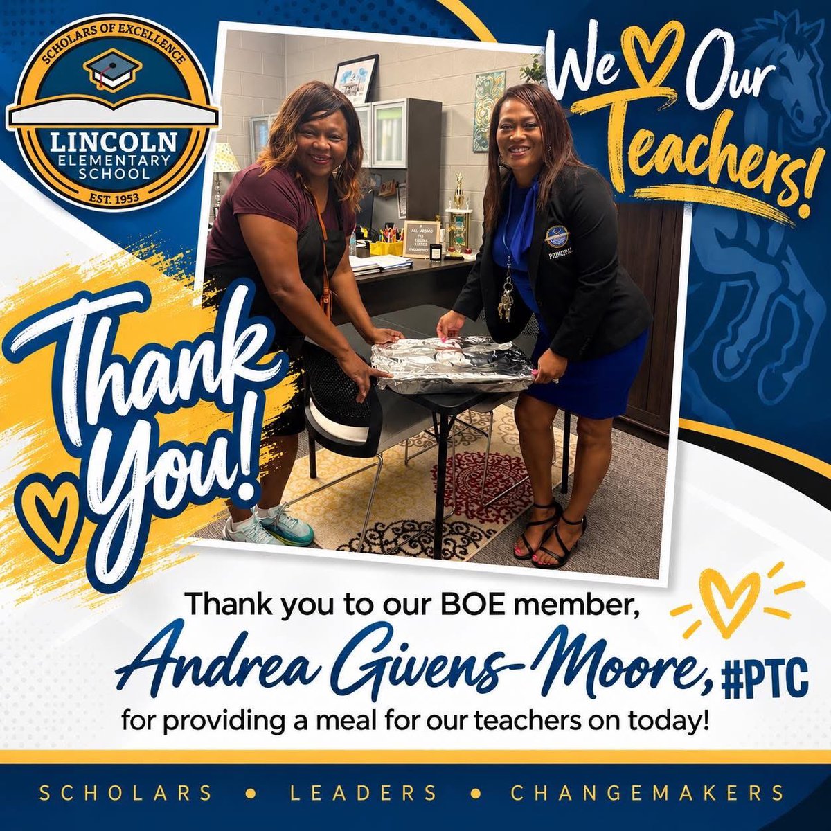 Lincoln_JMCSS's tweet photo. A huge THANK YOU to our Board of Education member, Andrea Givens-Moore, for providing a delicious meal for our Lincoln teachers during Parent-Teacher Conferences! Your thoughtfulness and continued support of our school family are truly appreciated. https://t.co/H00J7804yz