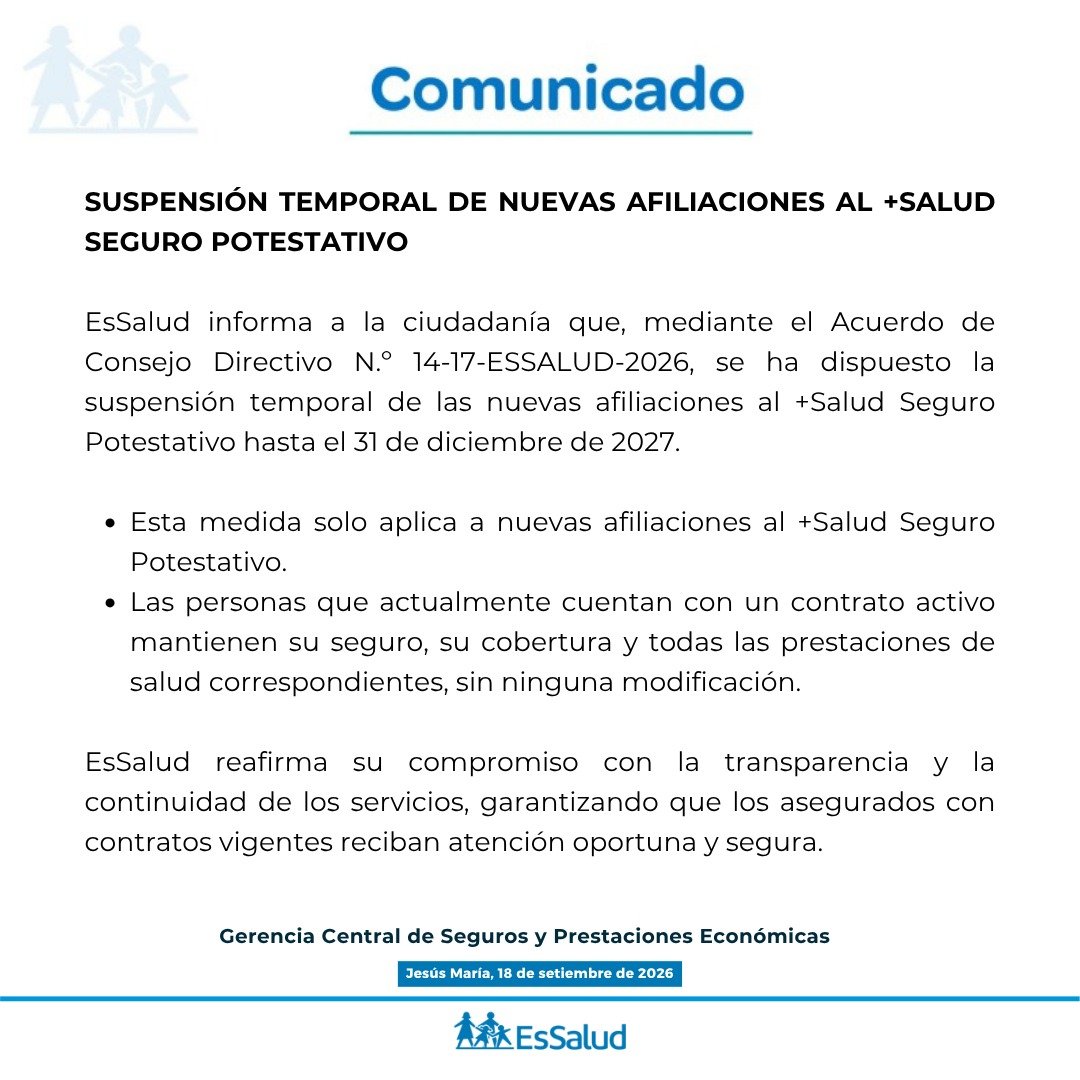 EsSaludPeru's tweet photo. #EsSaludInforma | Sobre la suspensión temporal de nuevas afiliaciones al +Salud Seguro Potestativo https://t.co/NgiMrzKDXL
