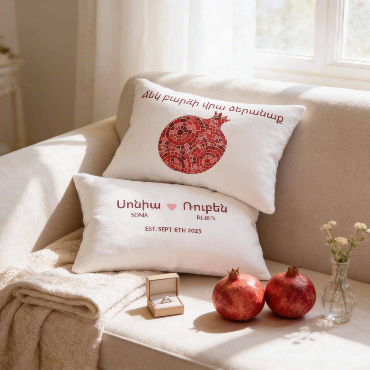 TimelessBohoCo's tweet photo. The Armenian Wedding Lumbar Pillow features a personalized name and an Armenian pomegranate design. It is made to order and serves as a keepsake gift for weddings. https://t.co/tSZ4cJkWBi
