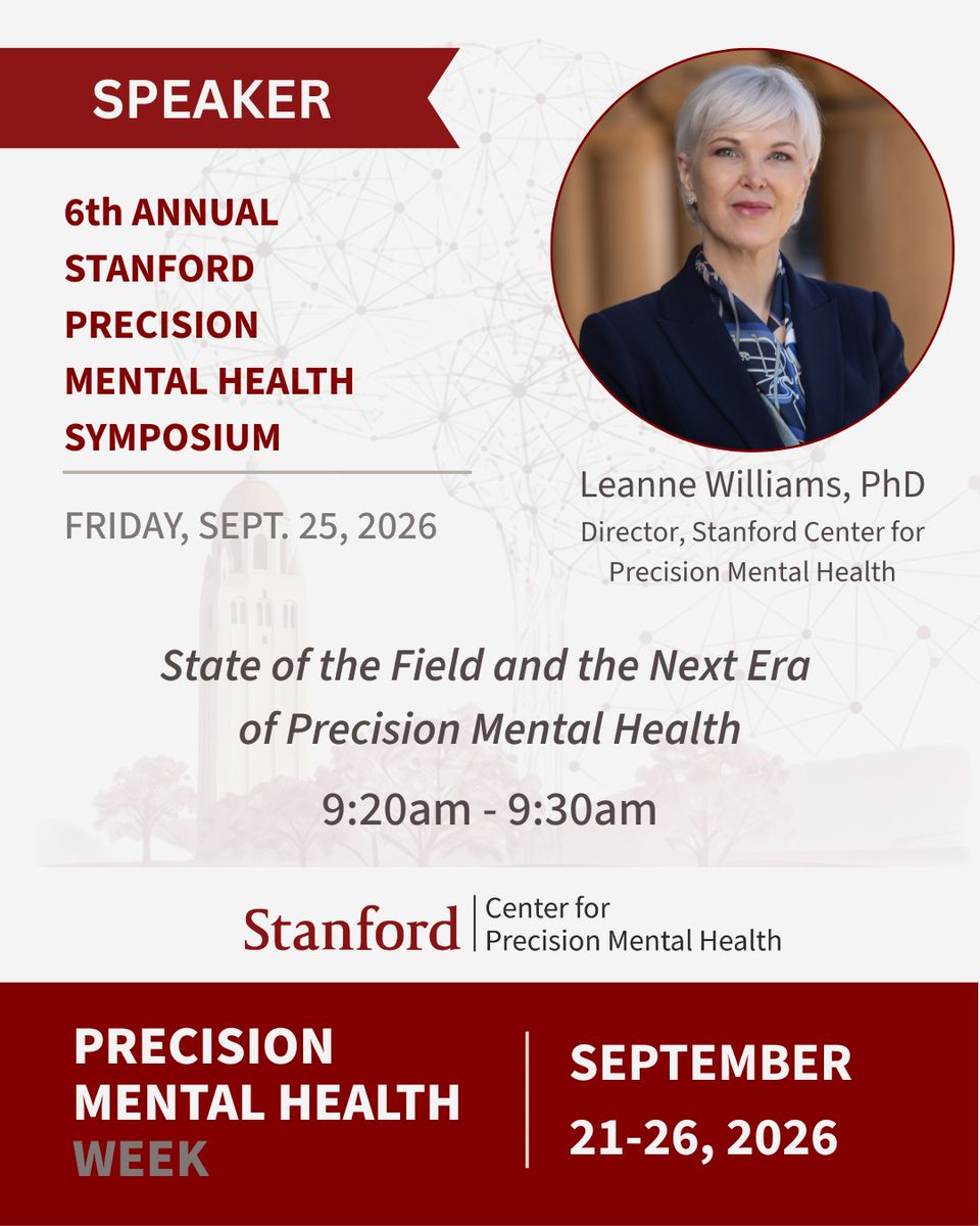 Stanford_CPMH's tweet photo. 🧠 Kicking off Precision Mental Health Week | Transforming Mental Health Through Brain Circuit Science

The future of mental health starts with discovery. 

By studying how brain circuits shape thoughts, emotions, and behavior, researchers are uncovering groundbreaking ways to understand mental health—and opening new doors for precise prevention, diagnosis, and treatment.

🎧 Start your week with discovery: Listen to Dr. Leanne Williams (@LMWilliams_PhD)  on the From Your Neurons to Ours podcast from the Wu Tsai Neurosciences Institute (@StanfordBrain) as she explores how brain imaging is transforming mental health and where the field is heading next. 

🔗 Listen here: https://t.co/R4kmtJvNzQ

📢 Hear more from Dr. Williams at the 6th Annual Stanford Precision Mental Health Symposium!
She will present on State of the Field and the Next Era of Precision Mental Health.
📍 Location: Li Ka Shing Center, Stanford University
🗓️ Date & Time: Friday, Sept 25 | 9:00 AM–6:30 PM
🔗 Register & Learn More: https://t.co/xENOVL68Ow

#PrecisionMentalHealth #StanfordCPMH #Neuroscience #StanfordMedicine #PrecisionMentalHealthWeek