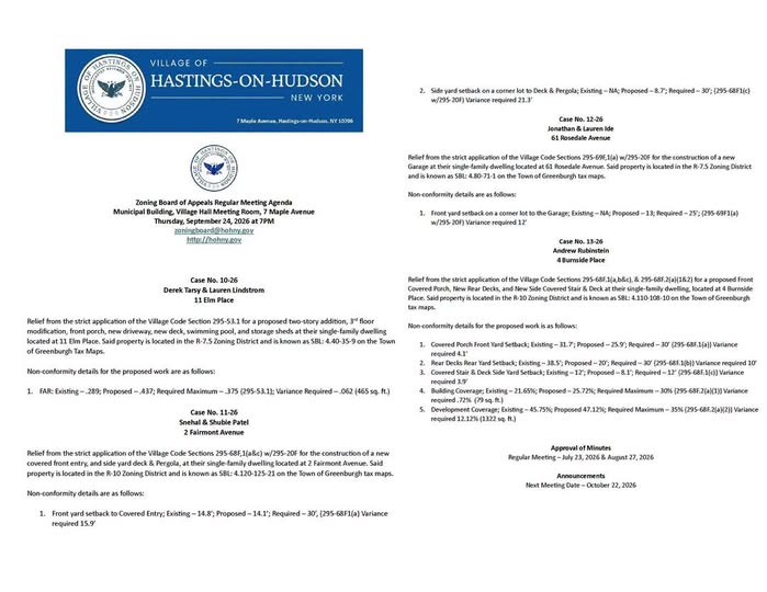 hohgov's tweet photo. Hastings-on-Hudson Zoning Board of Appeals Meeting Agenda - Thursday, September 24, 2026  https://t.co/oPJHicTWHV https://t.co/I81mqh9qnS