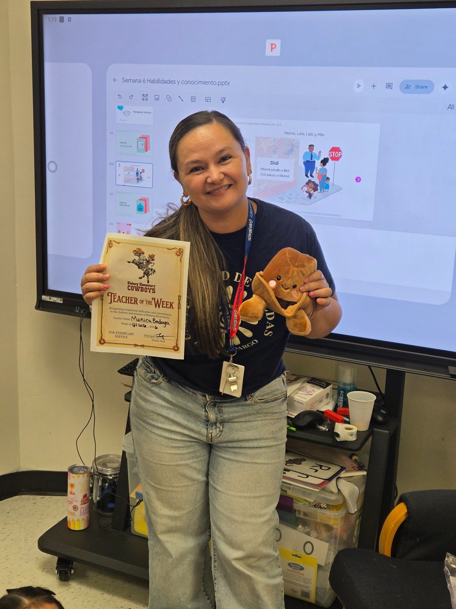 KlebergElemDISD's tweet photo. Giddy up! 🤠 Roundup your applause for our Teacher of the Week! Ms. Bedoya has been wrangling big ideas, lassoing tough concepts, and leading her kinder class down the trail to success all week long. https://t.co/KuxJDrESoc