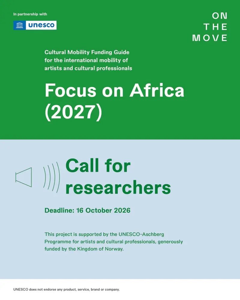 That_Faysal's tweet photo. 📣 Africa-based researchers: help reshape access to cultural mobility funding across the continent.

On the Move, are recruiting eight independent researchers to map funding opportunities for artists and cultural professionals travelling to and from all 54 African countries.

🌍 Paid, remote research assignment
💶 Fees from €1,640 to €4,100
📅 Mid-November 2026–March 2027
⏳ Apply by 16 October 2026

This project is supported by the UNESCO-Aschberg Programme for artists and cultural professionals, generously funded by the Kingdom of Norway.

Link: https://t.co/yC0MyHLEzm