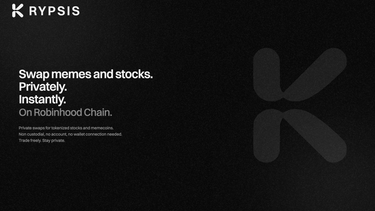 KrypsisNetwork's tweet photo. Introducing: The Krypsis Network.

The privacy layer for tokenized stocks and memecoins on Robinhood Chain.

Every public swap or transfer exposes your positions. Your entries, your exits, your size.

Krypsis breaks the link on chain between what you deposit and what arrives. Nobody watching the chain can connect the two.

No wallet connection. No account.

Your deposit goes to a one time address, then passes through more than one partner exchange and an intermediate asset. Krypsis never holds your funds.

Proven and powered by HoudiniSwap.
