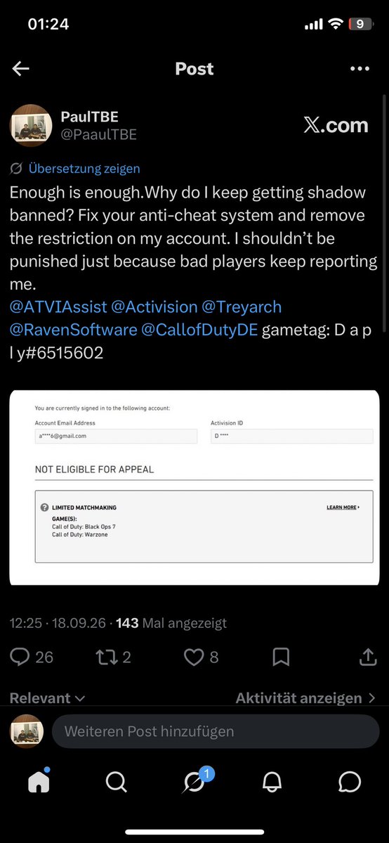 PaaulTBE's tweet photo. @gxdtero @CallofDuty @ATVIAssist @Activision Same Brother first hrvd ban than shadow ban no reason https://t.co/Xg443vtjCA