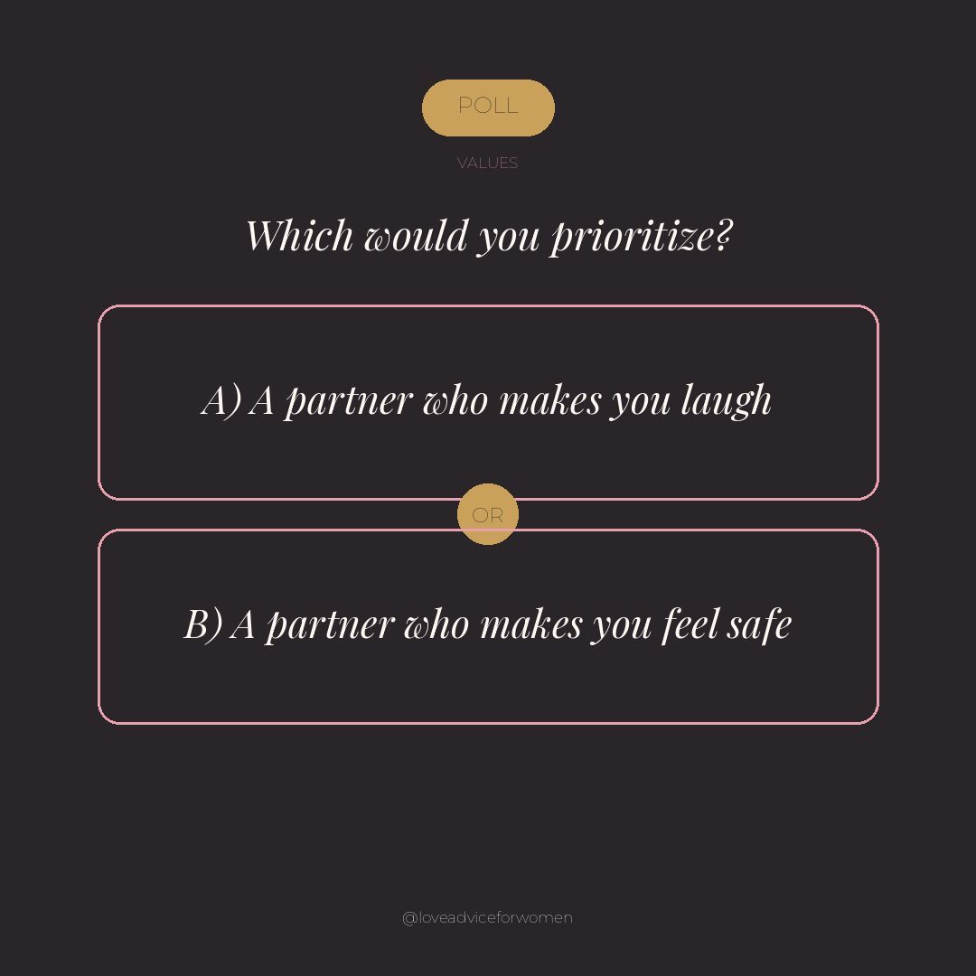 advice4women1's tweet photo. POLL: Which would you prioritize? A) A partner who makes you laugh or B) A partner who makes you feel safe? Reply with your pick. #RelationshipCheck #CoupleGoals https://t.co/QgcZi3UkXk