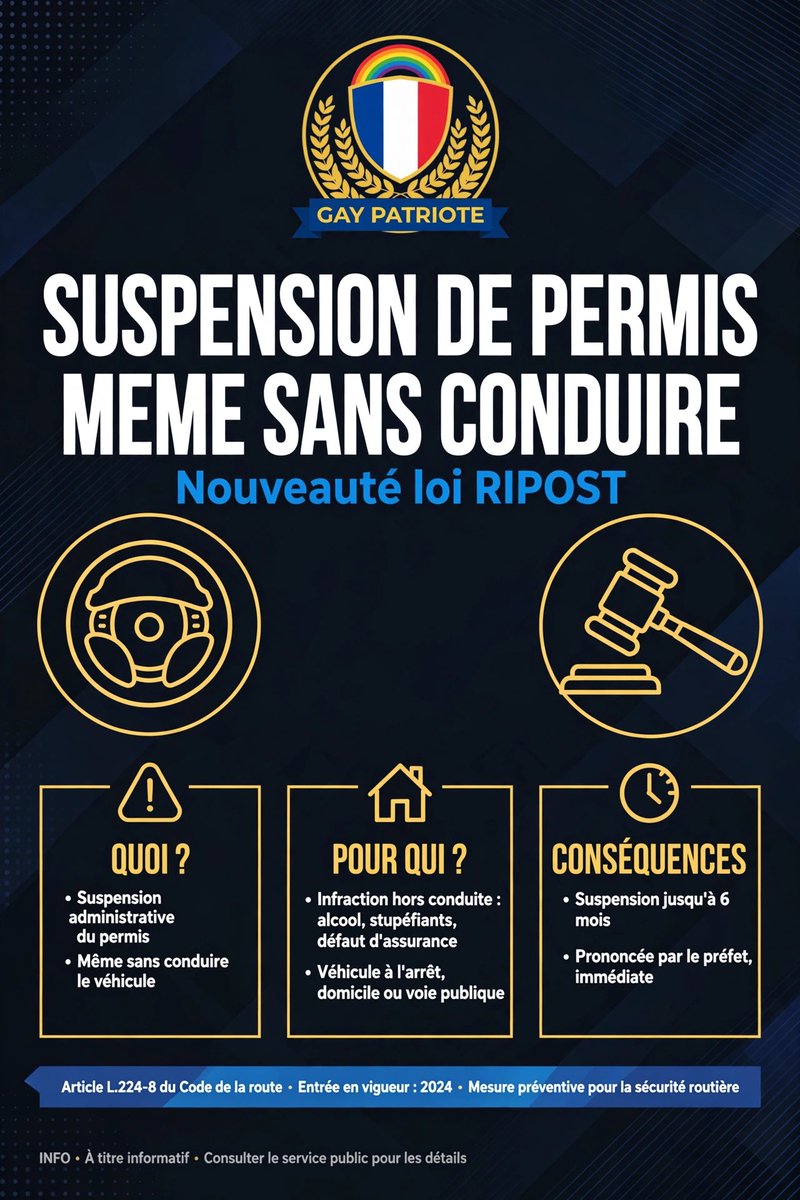 platiniumultra's tweet photo. 🚨 Suspension de permis MÊME SANS conduire ?
Loi RIPOST : le préfet peut suspendre 6 mois votre permis pour usage de stupéfiants en réitération, même hors volant.
Pas automatique, mais possible.
Explications ⬇️ #Permis #RIPOST #GayPatriote

#SecuriteRoutiere #CodeDeLaRoute #Actu https://t.co/e9WoNS0Kfx