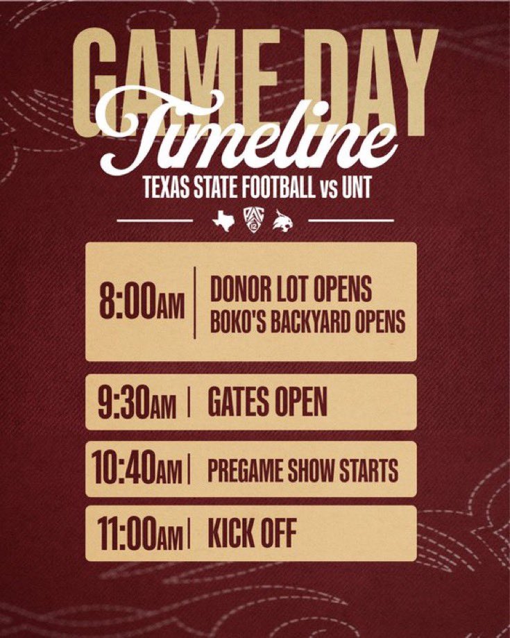 kdamp's tweet photo. Free @rudysbbq, @ChickfilA, and @DosGatosKolache breakfast at Bokoโs Backyard!
Tailgate temps in the 70s! 86ยฐ kickoff! Temps in lower 90s throughout the game (with low humidity)! In-state AAC opponent on national TV! I canโt wait for @txstatefootball Saturday! #BeatUNT!
๐พโญ๏ธ๐ https://t.co/AKEpMid8QA