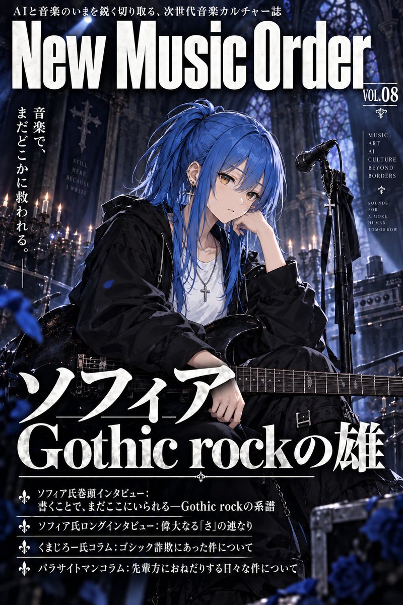 parasite_man's tweet photo. ソフィア × #NewMusicOrder
架空のAI音楽雑誌『New Music Order』
第八号(Vol.8)は、ソフィアさん(@sophia14_14)をお届けします🎸
Used with permission. https://t.co/jr3ZglJCeG