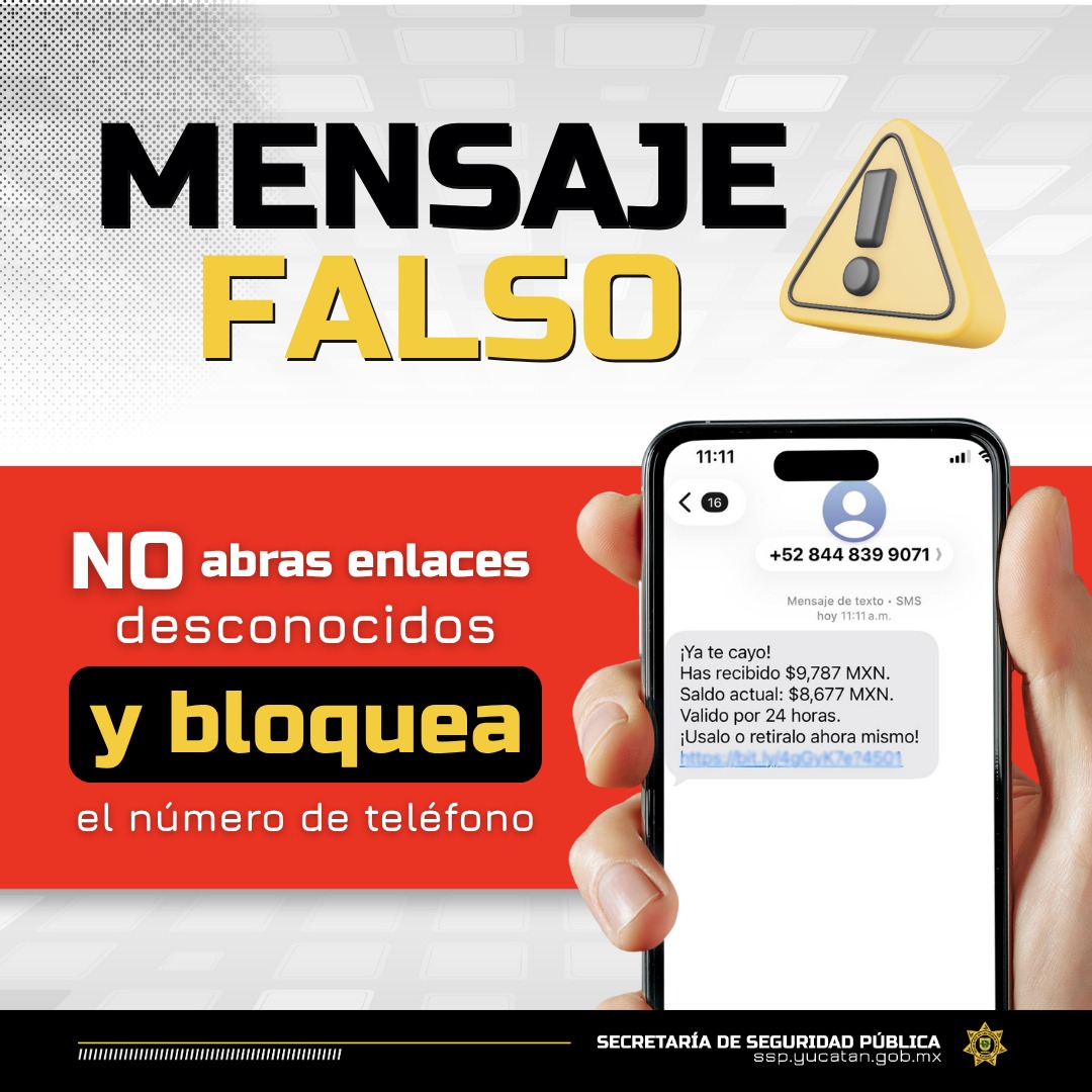sspyuc's tweet photo. 📲 “¡Ya te cayó!”… ¿Seguro? 🤔

No te dejes engañar por mensajes que prometen depósitos, premios o dinero inesperado. Podrían ser intentos de fraude para llevarte a sitios falsos o conseguir tus datos.

🛑 No abras enlaces desconocidos.
📵 Bloquea y reporta el número.

Mantente alerta y protege tu información.