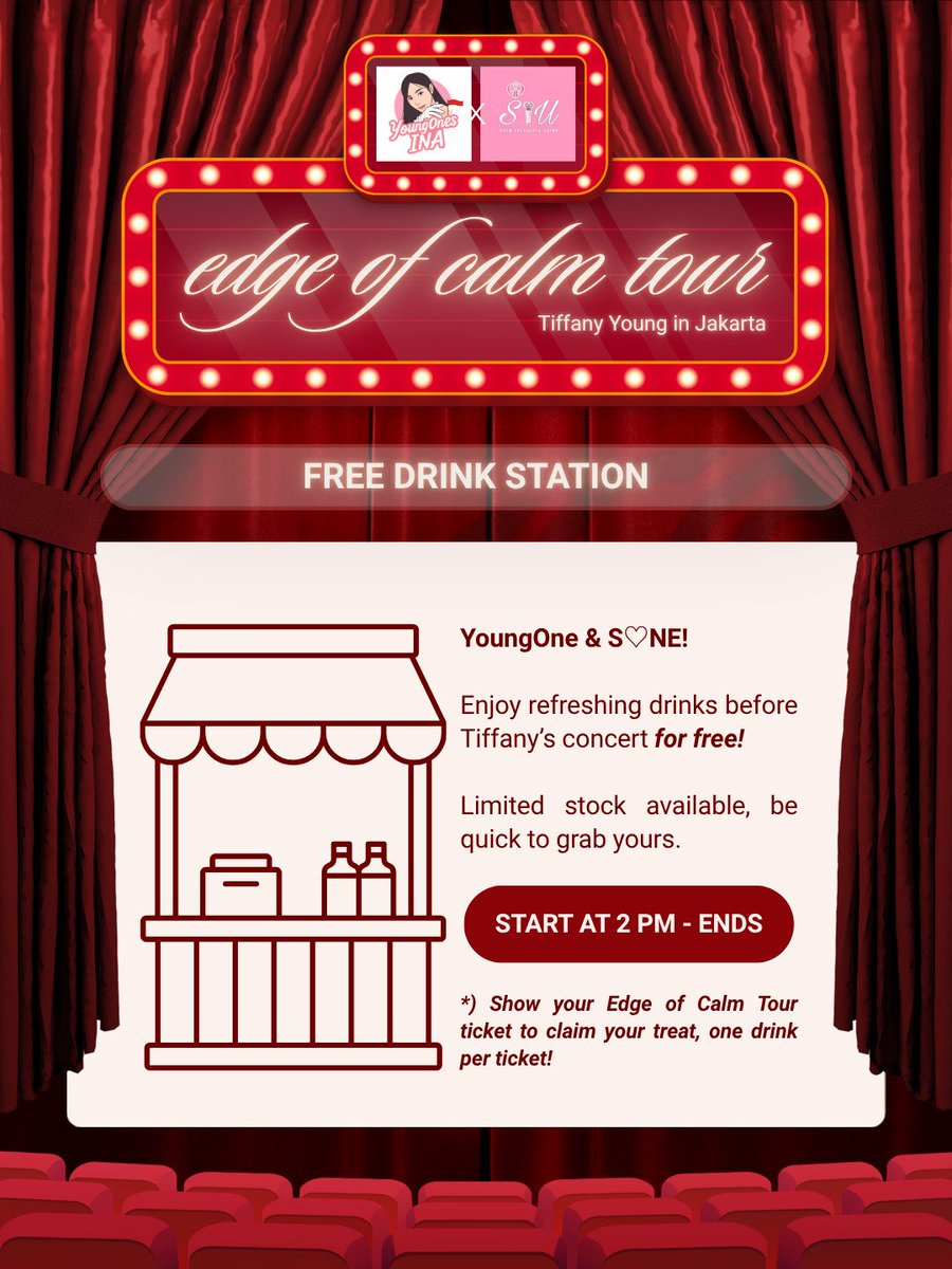 SNSDINAUNION's tweet photo. SONEs/YoungONEs Yuk, isi full energimu sebelum konser Tiffany Young Edge of Calm Jakarta dimulai! 🥤💖

Ada limited free refreshing drink khusus buat Sone dan YoungOne yang bakal seru-seruan di konser Tiffany Edge of Calm in Jakarta.

Untuk lokasi penukaran minumannya akan diinfokan menyusul ya. Biar gak ketinggalan, pastikan kamu terus stay tuned dan pantau media sosial SIU&YOI, jangan lupa follow!

*syarat ketentuan ada dibanner

#EdgeofCalminJakarta
#EdgeofCalm 
#TiffanyYoung