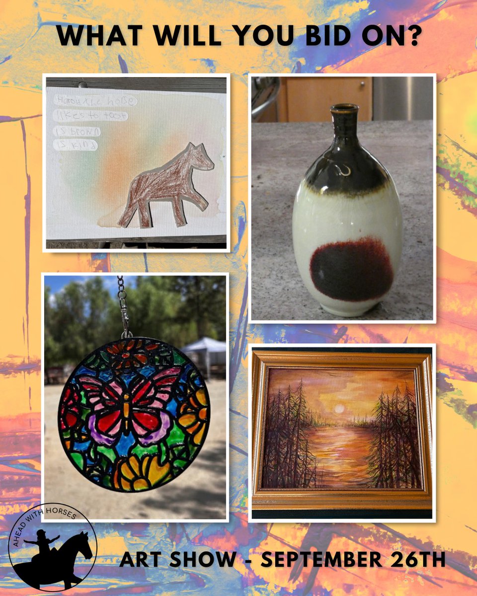 AWHLA's tweet photo. Our Art Show Auction opens tomorrow!
Paintings, pottery, photography... even artwork created by our therapy horses! There’s something for everyone, with every purchase supporting AHEAD With Horses.
So, what will you bid on?
https://t.co/aotCPP6Ooe
#ArtShow #ShopForACause https://t.co/CI1pa012YS