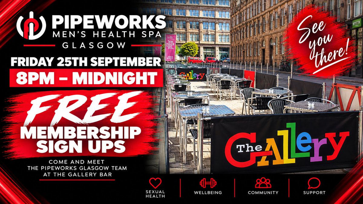 PipeworksGLW's tweet photo. 🔥 FREE PIPEWORKS MEMBERSHIP!

We’re at The Gallery Bar, Glasgow on Fri 25 Sept, 8PM–MIDNIGHT.

Come meet the Pipeworks Glasgow team and sign up for your membership completely FREE on the night! ❤️

#PipeworksGlasgow #TheGalleryBar #GlasgowLGBTQ #GlasgowNightlife #FreeMembership https://t.co/gYTtY8ndQ0