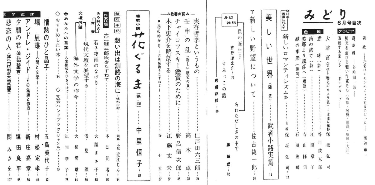 zassakuplus's tweet photo. 「みどり」6月号（1958年6月）～12月号（1959年12月）
※學燈社発行の若者向け文学雑誌で、主幹は国文学者で同社社長の保坂弘司。表紙に「若い知性と教養の手帖」。佐多稲子、森茉莉、幸田文から寺山修司、谷川俊太郎まで幅広い年代の文筆家が寄稿。NDL未デジタル化。全19冊
#ざっさく新規登載 https://t.co/qogxRHbyQO
