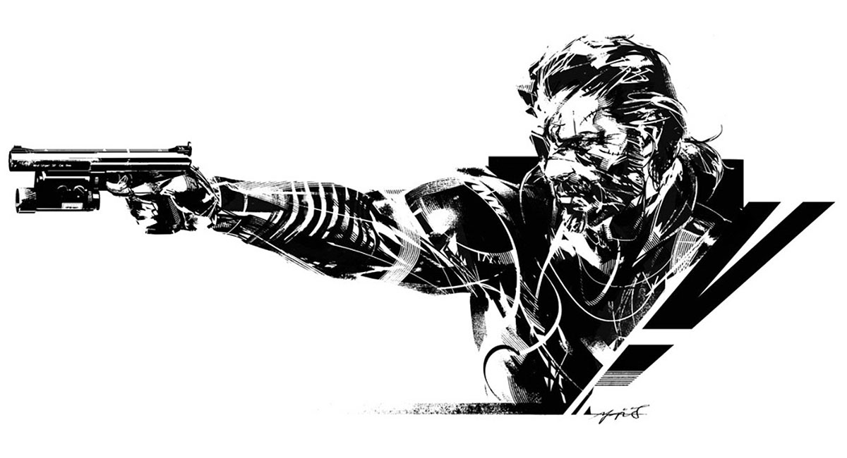 ShinkawaArt's tweet photo. black-on-white promo art of Venom Snake, Quiet and The Man on Fire (Volgin), for Metal Gear Solid V: The Phantom Pain (2015). https://t.co/qREbajZ37U