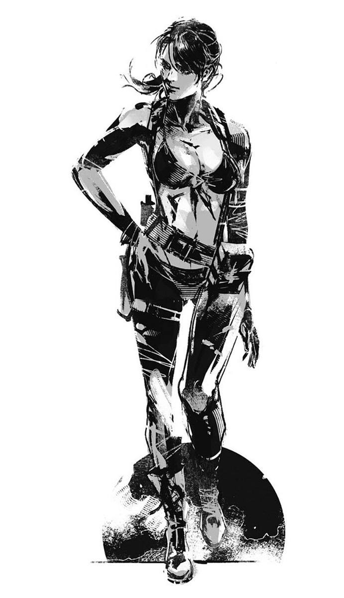 ShinkawaArt's tweet photo. black-on-white promo art of Venom Snake, Quiet and The Man on Fire (Volgin), for Metal Gear Solid V: The Phantom Pain (2015). https://t.co/qREbajZ37U