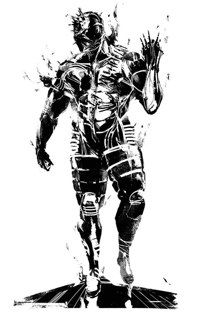 ShinkawaArt's tweet photo. black-on-white promo art of Venom Snake, Quiet and The Man on Fire (Volgin), for Metal Gear Solid V: The Phantom Pain (2015). https://t.co/qREbajZ37U