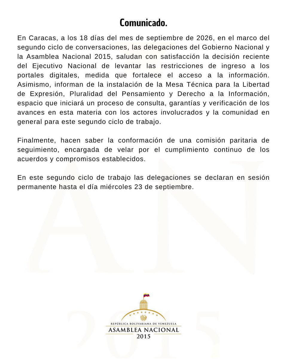 Dinorahfiguera's tweet photo. Transcurrido el segundo día de trabajo en plenaria de la Mesa de diálogo entre el Gobierno Interino y la Asamblea Nacional 2015, anunciamos el siguiente comunicado conjunto en materia de libertad de expresión como un avance de la sesión permanente de este ciclo. 

Seguiremos informando los acuerdos alcanzados, de forma oportuna, en los próximos días.
