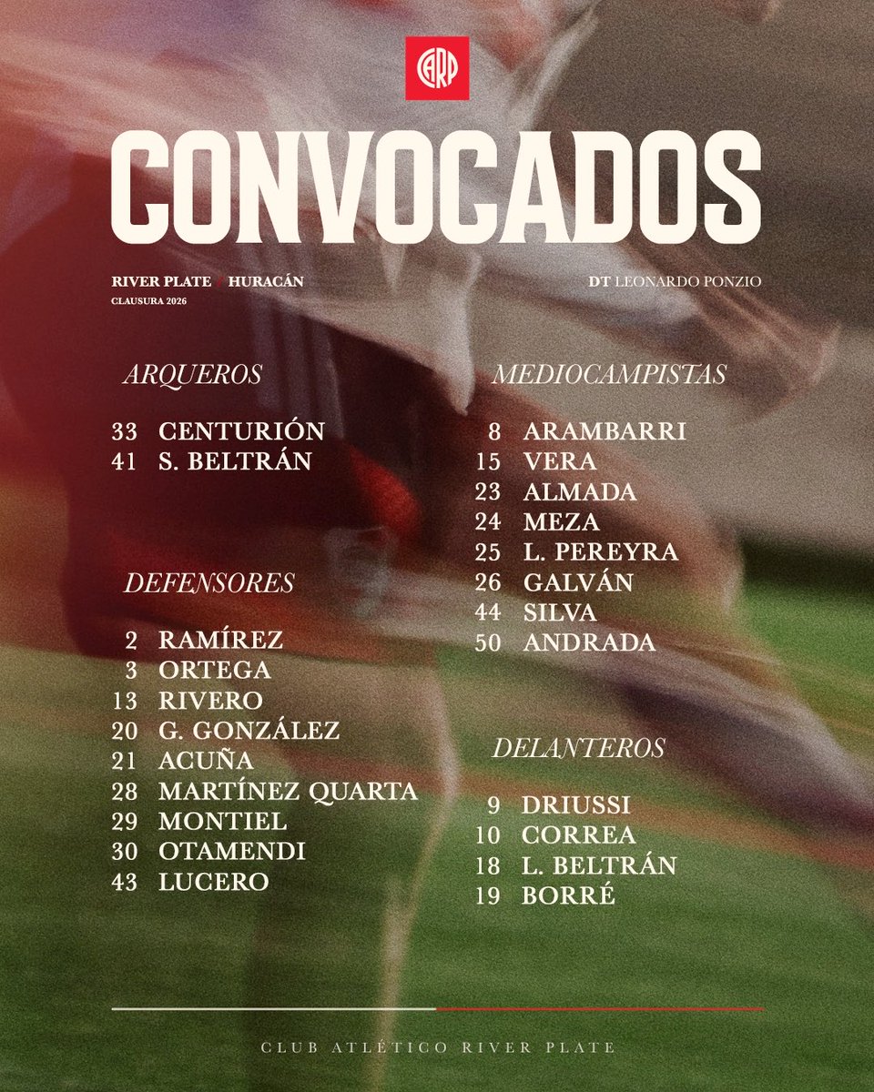 RiverPlate's tweet photo. 📋 Los convocados por Leonardo Ponzio para enfrentar a Huracán ⚽

🗓️ Fecha 10, Torneo Clausura 2026
🏟️ Estadio Monumental

#VamosRiver 🤍❤️🤍 https://t.co/XC1GbCzA0X