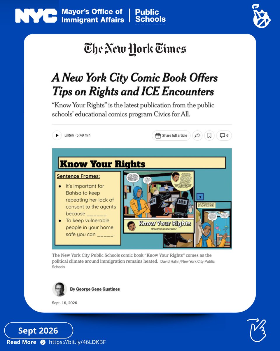 A graphic featuring a news article with text and graphics . Inside the article there is an illustration of ICE agents entering a home and a woman speaking to the agents. There is also several logos from MOIA , NYC Public Schools, and New Times . In the right hand corner there is a hand swiping to the left.