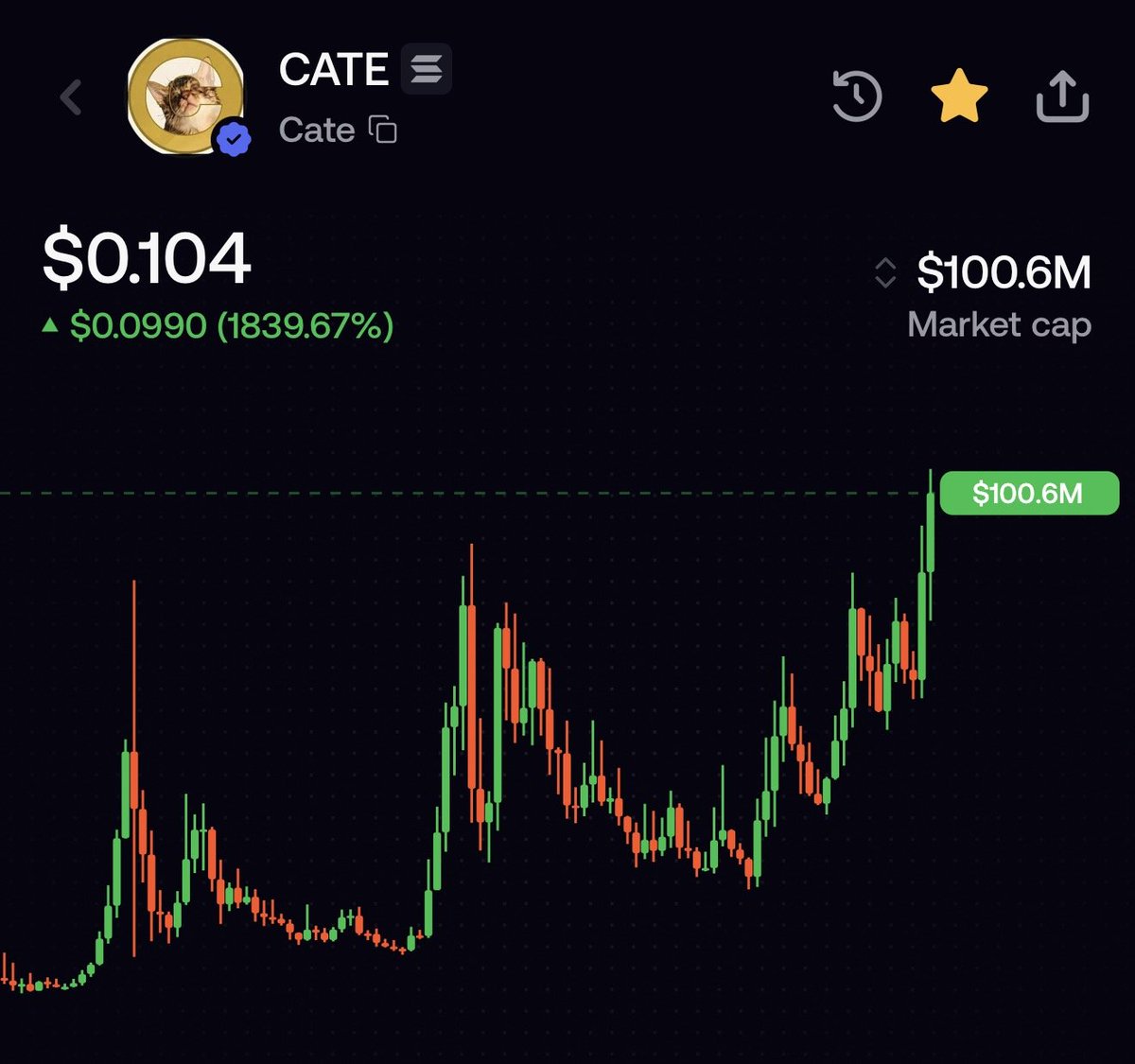 CryptoGorilla's tweet photo. After 2 attempts with massive drawdowns, $CATE has finally broken through the $100m ceiling

It's by far the most vocal community in my video comment section and in my DMs

When I don't mention it, I get a "What about $CATE? Where's $CATE?!"

Turns out the cat has nine lives https://t.co/LaaFlBfxDA