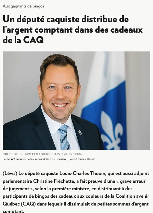 CaronJocelyn's tweet photo. Je vous l'ai déjà dit, la campagne dans Orford est une lutte entre le @partiquebecois  et le Parti libéral. Cela ne m'empêche toutefois pas de constater la banqueroute morale qu'est devenue la CAQ.

Lorsqu'il y a eu le scandale des « brownies » du Parti libéral, nous avons découvert que l'achat de vote était légal dans le cadre des courses à la direction au Québec. Très vite, l'Assemblée nationale a corrigé cette lacune législative dans la Loi électorale.

Quelle ne fut pas ma surprise de découvrir qu'un député sortant de la CAQ a sensiblement les mêmes pratiques. Sous le couvert de prix pour du bingo, celui-ci donne de l'argent comptant à des électeurs. Mais dans quelle circonstances un député sortant peut s'abaisser à de telles pratiques ?

Pire, @CFrechette décrète que son candidat a fait une « erreur grave de jugement », mais le maintient en place. Comment peut-on en être rendu aussi bas ? Je peine à croire que  l'achat de vote avec de l'argent comptant est accepté au Québec, en 2026, par quelqu'un qui a occupé la fonction de première ministre.
Vivement le grand ménage le 5 octobre prochain.