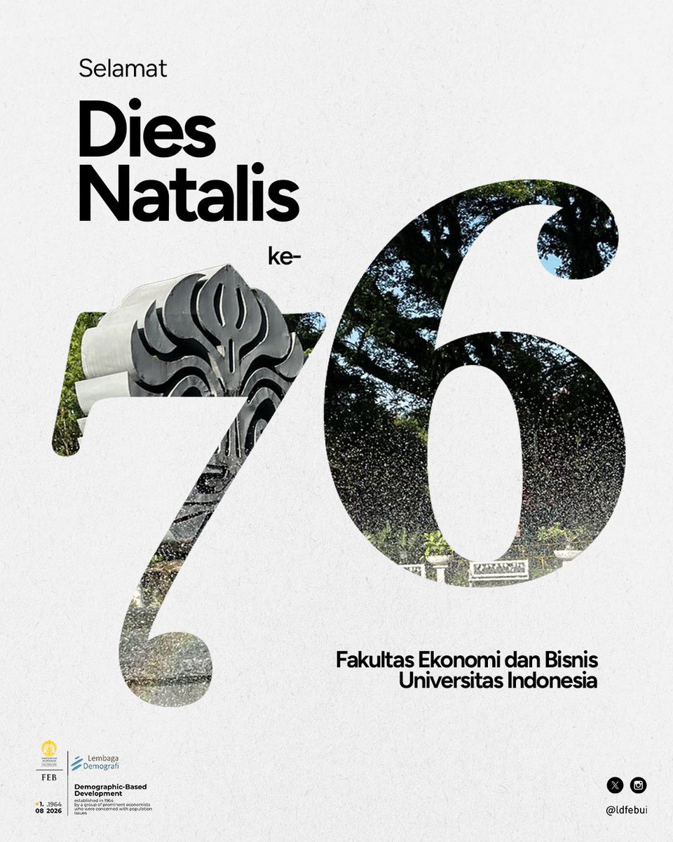 ldfebui's tweet photo. Selamat Dies Natalis ke-76, FEB UI!🩶

Selama 76 tahun, FEB UI terus bertumbuh bersama karya, pengetahuan, dan kontribusi yang memberi makna bagi masyarakat dan Indonesia.

Dengan semangat "Creating Impact, Celebrating Legacy", semoga FEB UI terus merawat jejak yang telah dibangun sekaligus menciptakan dampak yang relevan bagi generasi hari ini dan mendatang.

#ldfebui #DemographicBasedDevelopment #FEBUI #DiesNatalis76FEBUI