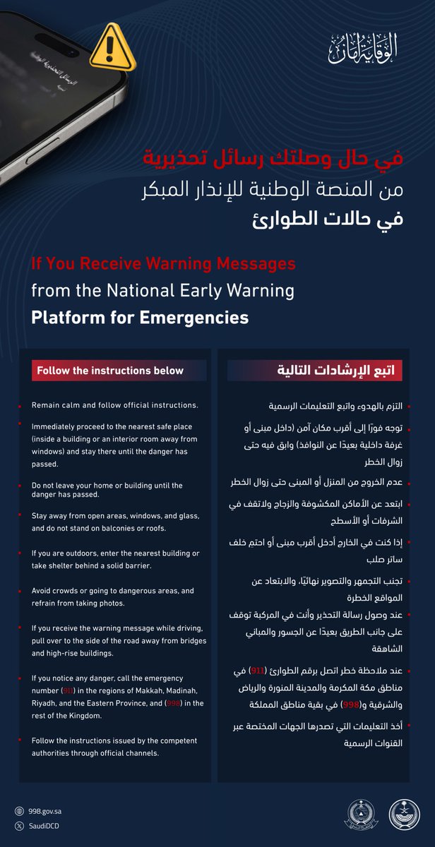 SaudiDCD's tweet photo. تم إطلاق إنذار من المنصة الوطنية للإنذار المبكر في حالات الطوارئ في محافظة الخرج للتحذير من خطر، اتبع الآتي: https://t.co/mF16Y6Gazf