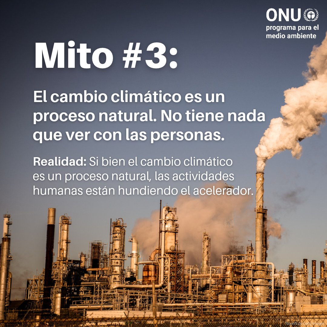 unep_espanol's tweet photo. 🔈 ¡Refutemos mitos comunes sobre el clima!

Mito #3: “El cambio climático es un proceso natural. No tiene que ver con las personas”.

Verdad: Aunque es un proceso natural, la actividad humana lo está acelerando hasta niveles sin precedentes.

👉 Cero mitos. Comparte los hechos. https://t.co/KnqQSB762h