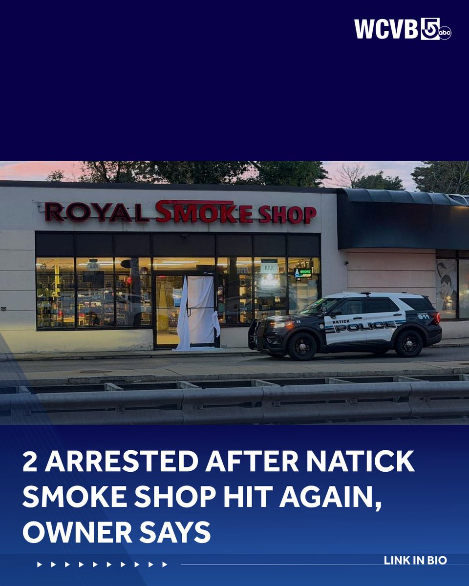 WCVB's tweet photo. 2 arrested after Natick smoke shop hit again, owner says |LINK IN BIO https://t.co/Z7bvnhSAEY