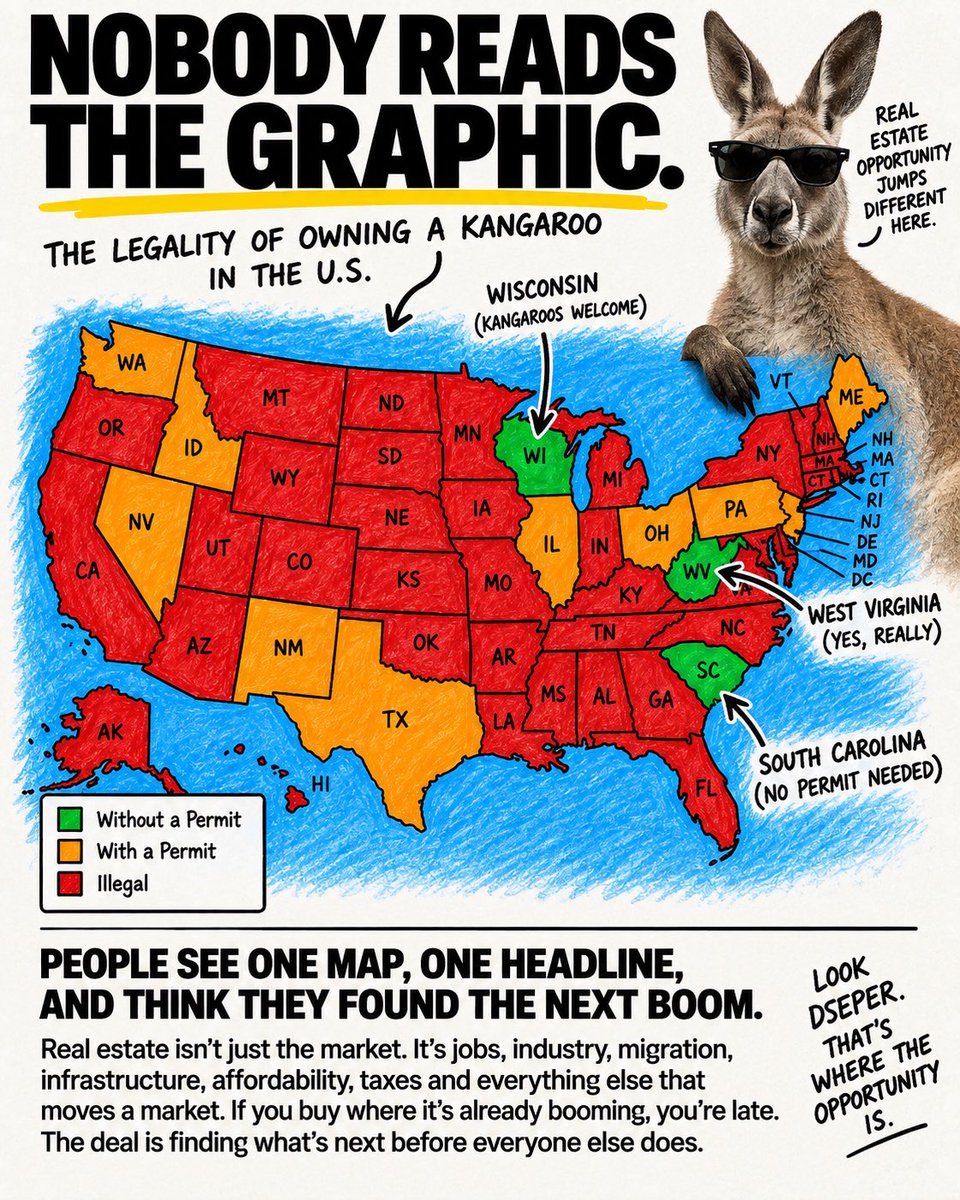 KanesREGroup's tweet photo. Based on this kangaroo ownership map, I’m predicting a real estate boom in the 3 states where you can apparently own one without a permit.

Wisconsin.
West Virginia.
South Carolina.

Stupid?

Yes.

Also basically how people analyze real estate online.

One map.
One headline.
One “hot market” list.

Then everyone piles in late.

The deal is not buying where everyone already agrees it’s hot.

The deal is finding what creates the boom before the headline:

jobs, industry, migration, affordability, infrastructure, supply, wages, taxes, insurance, and policy.

Real estate is not just the market.

It’s everything moving the market.