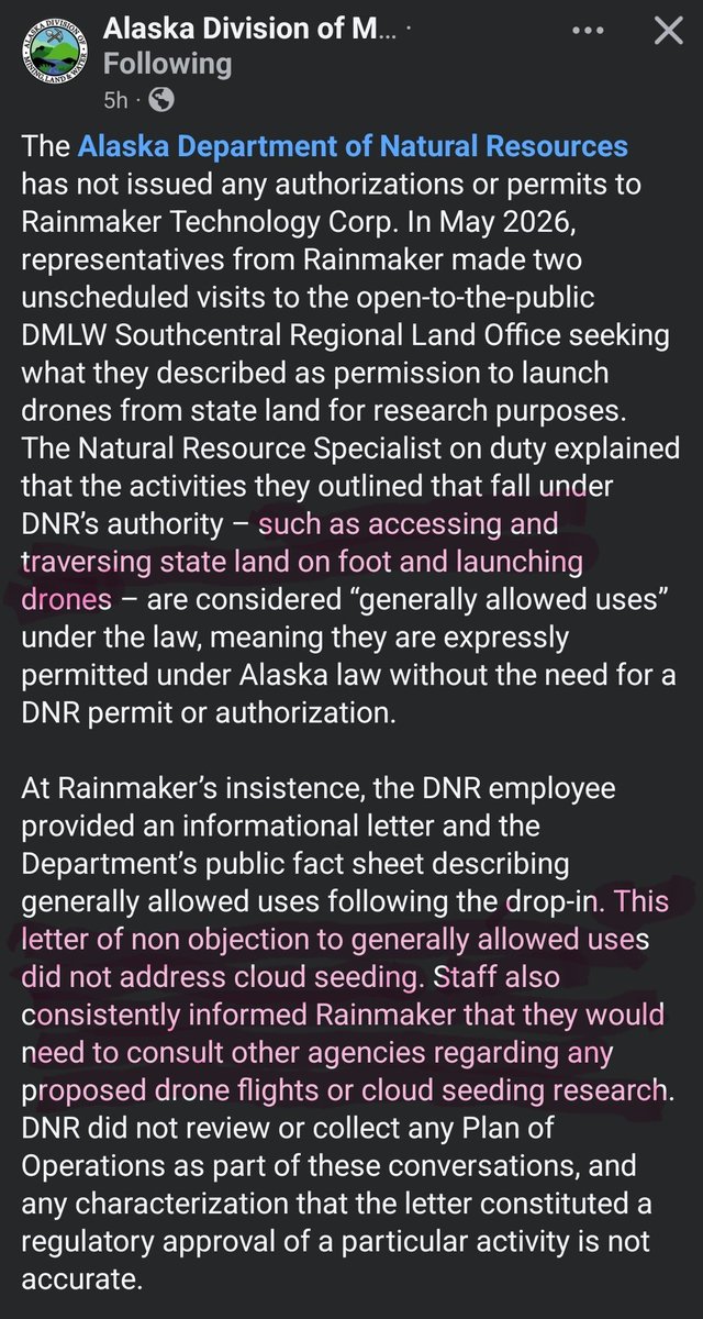 Justa_Guy907's tweet photo. More from Alaska DNR from their FB Page... So what Exactly Did @RainmakerCorp and @ADoricko tell Alaska DNR they were doing and What other Agencies did they talk to... Stay Tuned... Things are about to Spicy next week.... cc:@ReclaimOurSkies https://t.co/EM0loGHzBk