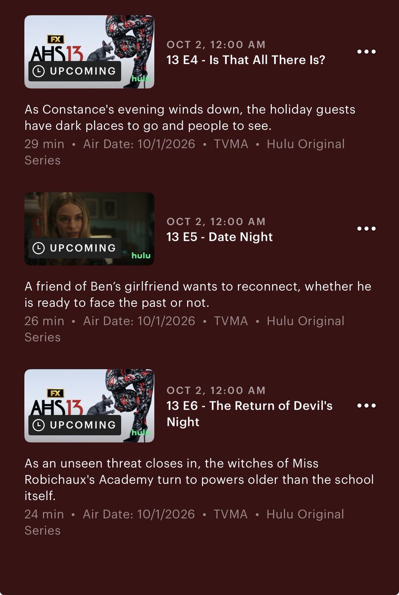 AHS_Source's tweet photo. Runtimes of #AHS13 episodes 4-6 

Ep 13.04: Is That All There Is? 
(29 mins) 

Ep 13.05: Date Night 
(26 mins) 

Ep 13.06: The Return of Devils Night 
(24 mins) https://t.co/4CkK5gXu1N