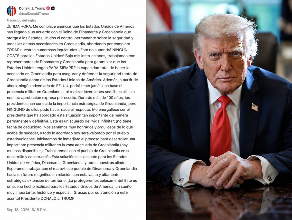 AlertaArgNews's tweet photo. 🚨🇺🇸🇩🇰 TRUMP ANUNCIÓ UN ACUERDO CON DINAMARCA POR GROENLANDIA

Trump aseguró que EE.UU. tendrá "control permanente" sobre la seguridad de Groenlandia. El acuerdo prevé ampliar la presencia militar estadounidense, pero mantiene la soberanía danesa. https://t.co/l2WeRyJzoy