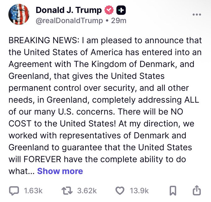 Keepsmilingqwer's tweet photo. TRUMP JUST LOCKED DOWN GREENLAND.While Democrats laughed, rolled their eyes, and called it a joke, President Trump reached an “Infinite Life” agreement with the Kingdom of Denmark and Greenland.The deal gives the United States permanent control over security and all other needs in Greenland. No expiration date. No sunset clause. No cost to the American taxpayer.From now on, no U.S. adversary can ever put a base in Greenland, maintain a military presence there, or make sensitive investments on the island without express written approval from the United States. America will immediately begin developing a large military presence in the appropriate parts of Greenland — and there are many of them.For more than a century, presidents understood Greenland’s strategic value in the Arctic. They talked. They studied it. They did nothing. Donald Trump is the first president who actually closed the deal.This is not a press release and it is not a talking point. It is a permanent national-security arrangement that keeps China and Russia out, expands American power in the High North, and protects the approaches to North America.Democrats mocked it. History will record who got it done.