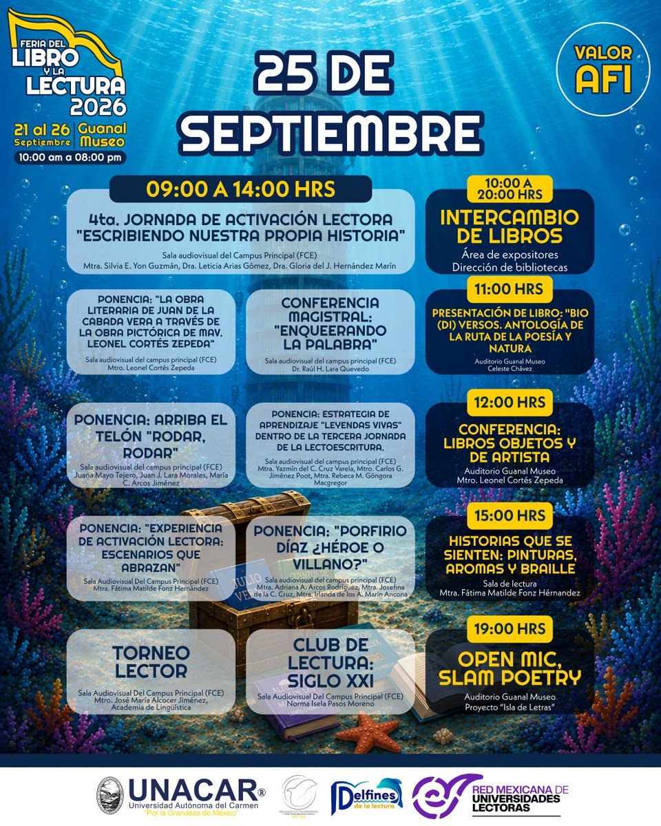 UNACAR's tweet photo. 📚 Asiste a la #FeriaDelLibro y la #Lectura #FELILE @UNACAR 2026 📚
✔️ 4ta. Jornada de Activación Lectora "Escribiendo nuestra propia historia"
📅 Viernes 25 de septiembre
⏰ Desde las 9:00 horas
📍 Sala audiovisual Facultad de Ciencias Educativas - #CampusI
✔️ Intercambio de libros
✔️ Presentación del libro "Bio(di) versos, antología de la ruta de la poesía y natura
✔️ Conferencia; Libros, objetos y de artista
✔️ Historias que se sienten: Pinturas, aromas y braille
✔️ Open Mic, Slam Poetry
📅 Viernes 25 de septiembre
⏰ Desde las 10:00 horas
📍 Guanal Museo Universitario de Ciencias y Artes - Calle 20B No. 8A, Guanal
✔️ Consulta el programa completo en: https://t.co/Jz3B8H8GZg
🎟️Entrada libre
🐬Valor #AFI