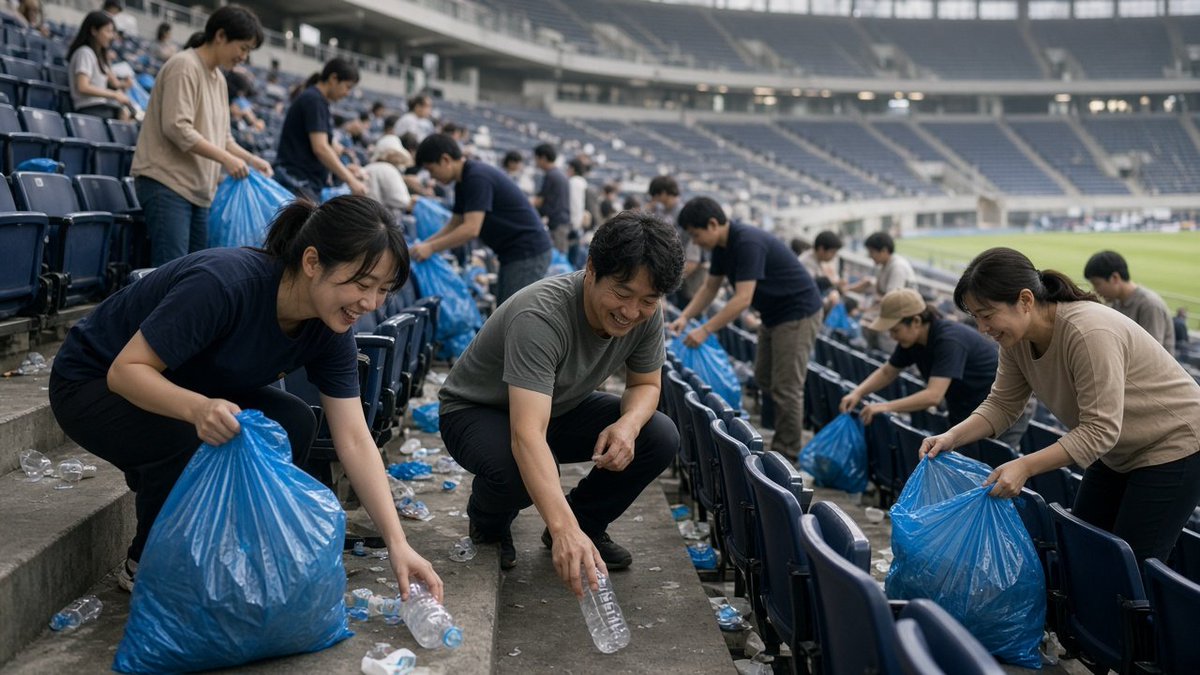japan_nobunaga's tweet photo. At the World Cup, eighty thousand screaming fans poured out of a massive stadium leaving behind a mountain of plastic bottles, food boxes, and trash.

Then, global TV cameras captured something that stunned international commentators into complete silence:

Hundreds of Japanese fans were not leaving.
Instead, they were pulling giant blue garbage bags from their pockets.

Singing and smiling, they walked down row after row of plastic seats, stooping down to pick up every single discarded bottle, napkin, and wrapper left behind by strangers.
They left the entire stadium sparkling clean.

Reporters ran up, shoving microphones into their faces:
"Why are you cleaning up other people's mess?!"

A Japanese fan bowed with a warm, humble smile:
"In Japan, we are taught: Never leave a place dirtier than you found it. We clean to say thank you to the stadium for hosting us."

And inside the locker room?
The Japanese players had scrubbed the floor spotless, folded their towels into perfect stacks, and left an origami paper crane on the table with a handwritten note:
"ARIGATO."

Civic pride that inspires the entire human race.
