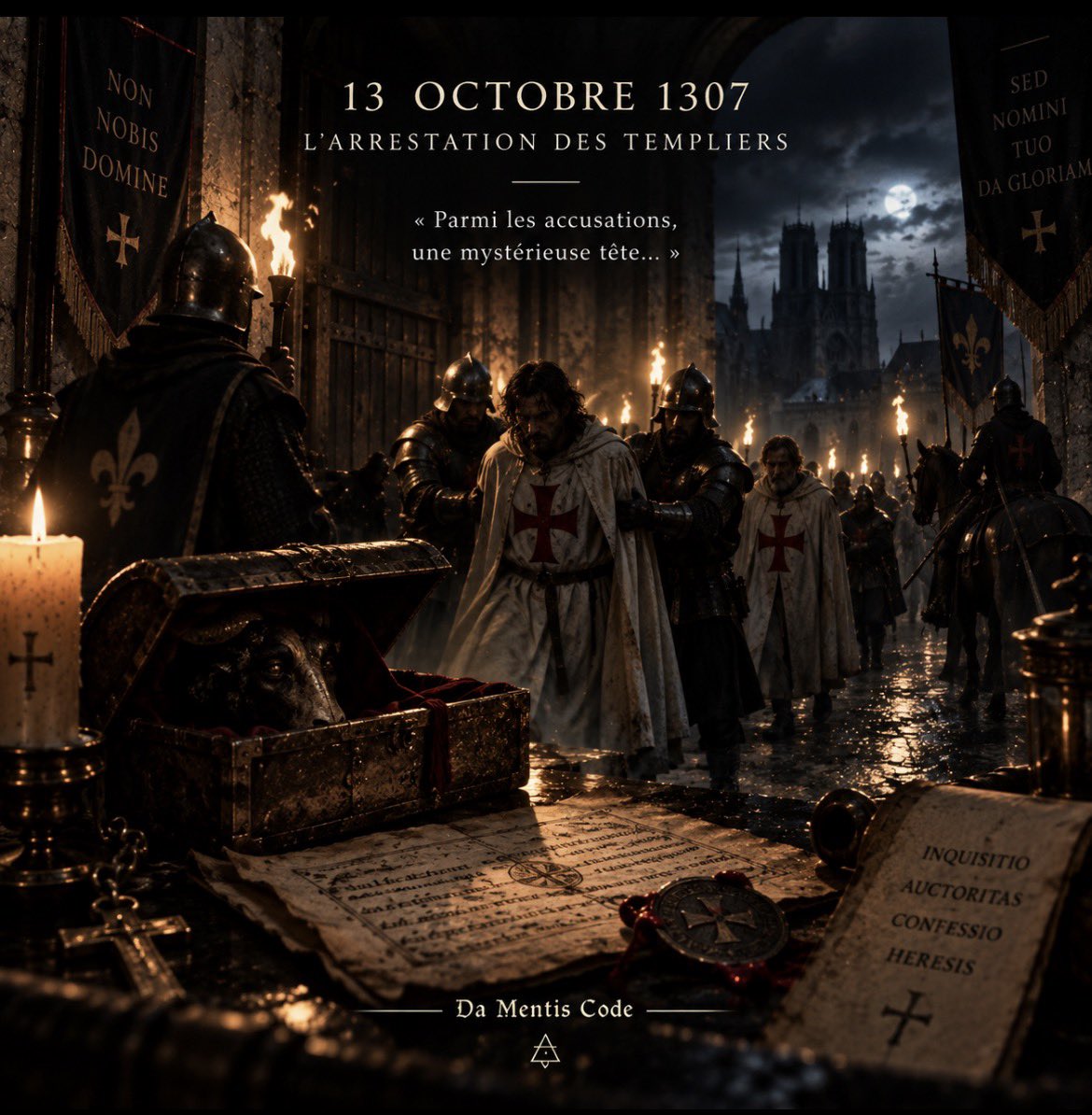 damentiscode's tweet photo. 13 octobre 1307.

À l’aube, les Templiers de France sont arrêtés.

Parmi les accusations : le culte d’une mystérieuse tête.

Un nom traversera les siècles : Baphomet.

Mais la légende cache une autre histoire.

Ouvrons le dossier. 🜏

— 𝔇𝔞 𝔐𝔢𝔫𝔱𝔦𝔰 ℭ𝔬𝔡𝔢 https://t.co/10DhMr7Ftq