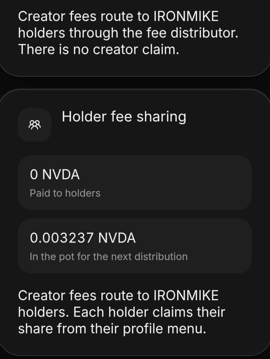 IRONMIKERH's tweet photo. When the community comes first, the community gets the value. 🤝

Creator fees routed directly to $IRONMIKE holders.

No creator claim. No hidden allocation. 

Just holder fee sharing.

Community first. Holders first. 🥊 https://t.co/m8JKDWCfzv