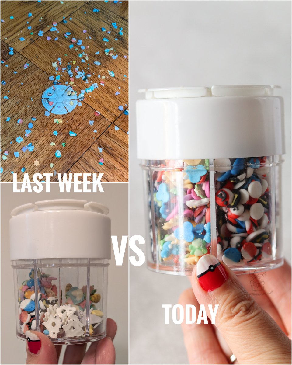 MiscMao's tweet photo. Early last week I dropped my collection of homemade Pokémon sprinkles while cleaning 😭...but after a week remaking them, we're back! 

Now to actually make my latest sprinkle idea and fill up that last compartment 😤 #pokemon https://t.co/mPRT6h6Q5Y