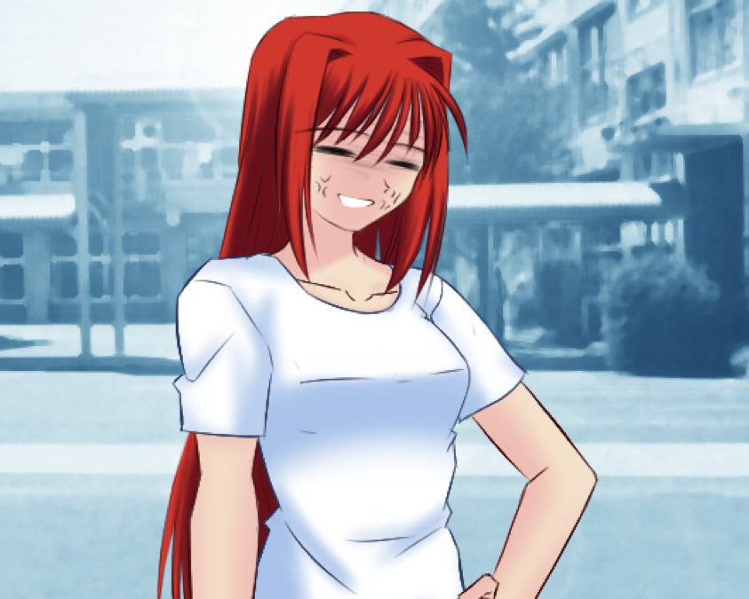 _aoaoaozaki's tweet photo. There are veins popping as she reads this.

“I… Aoko Aozaki, would like to confess to the public that the bi—I mean—my big sister is and always… will be my……. superior in every regard…” https://t.co/7IRAlAbDZu
