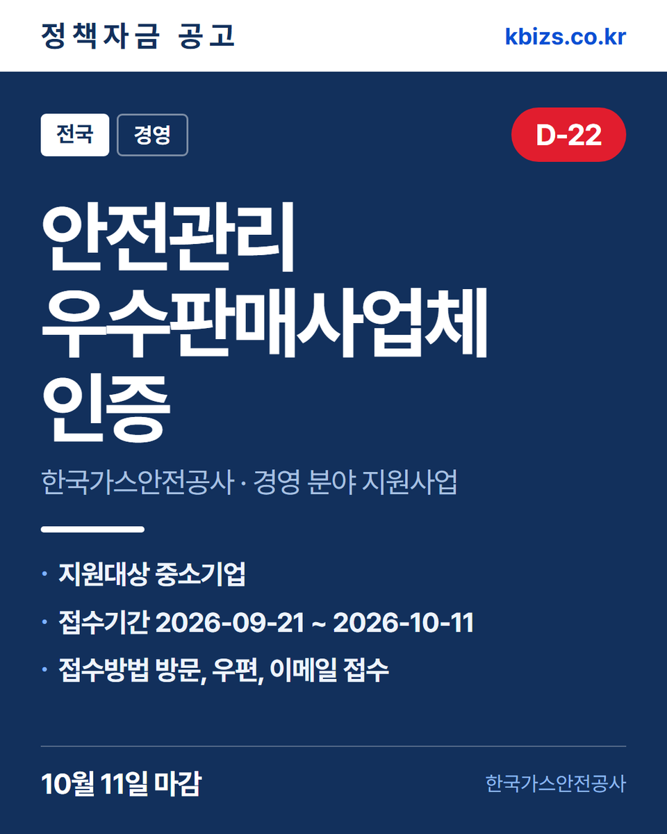 thekbizs's tweet photo. 오늘의 정책자금 공고 5건 · 경영·컨설팅

① [충남] 태안군 2026년 사회적경제기업… — 9월 22일 마감
② [강원] 화천군 2026년 모범음식점 모집 — 9월 28일 마감
③ [전국] 2026년 3차 소부장 공급망안정… — 9월 30일 마감

#중소기업정책자금대출 #중소기업정책지원금 #경영 https://t.co/5hdbdvryHy