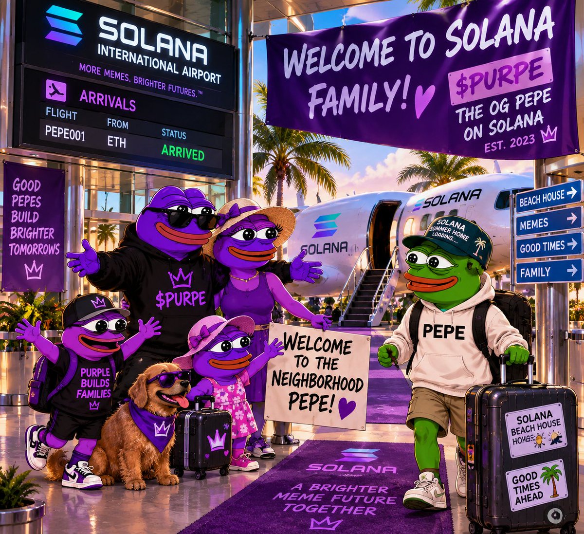 bronsonhdesigns's tweet photo. @solana @sunrise PEPE just landed on Solana. ✈️🐸

Welcome to the neighborhood, cousin.

$PURPE’s been here since 2023. 💜😎

#PURPE #PEPE #Solana @purplepepes0l https://t.co/oouoNIiT8y