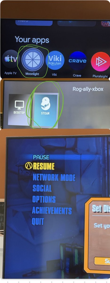 8Examples's tweet photo. I turned my Chromecast into a Steam console for $0

Setup: Sunshine running on my ASUS ROG Xbox Ally, Moonlight installed on the Chromecast plugged into my TV. That's it. My entire Steam library now streams to the big screen over local Wi-Fi.

The handheld sits wherever it's charging. The TV does the rest — controller for couch games, keyboard and mouse when I want to play something that actually needs them.

No second PC. No console. No extra hardware purchase. Just a streaming host, a $30 dongle, and two pieces of free software talking to each other.

The best part is how invisible it feels once it's running. Pick up the controller, open Moonlight, and I'm in my library in about ten seconds.

#PCGaming #Steam #Moonlight #Sunshine #ROGAlly #SelfHosted
