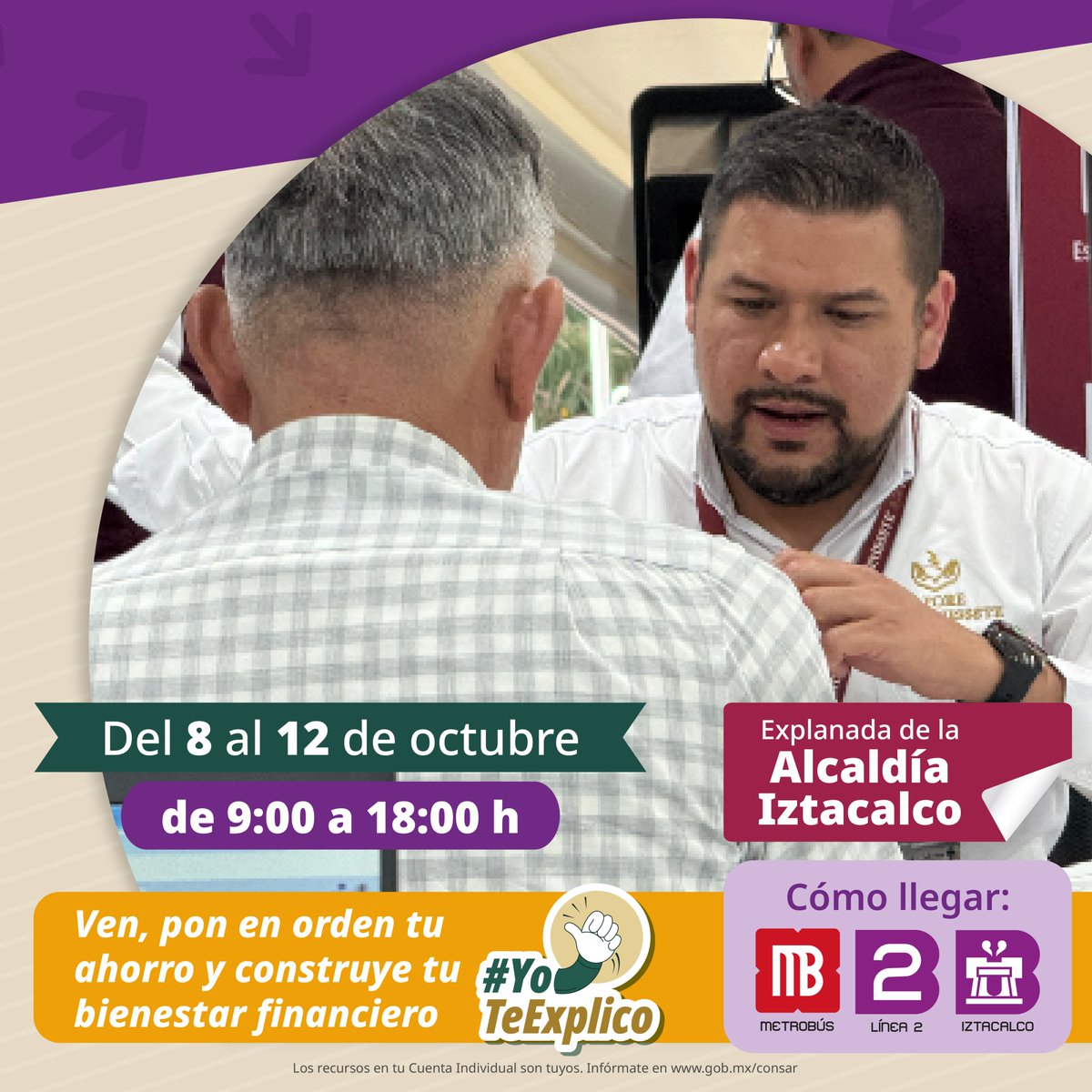 PENSIONISSSTE_'s tweet photo. 🎉 ¡La Feria de las Afore llega a Iztacalco!

Del 8 al 12 de octubre, visita la explanada de la Alcaldía Iztacalco y acércate a resolver tus dudas sobre tu Cuenta Individual y tu ahorro para el retiro. 

🙌📄 Lleva tus documentos, recibe orientación y aprovecha este espacio para conocer mejor tus opciones.

✅ Entrada gratuita.

💼 Visita AFORE @PENSIONISSSTE_  y recibe orientación para tomar mejores decisiones sobre tu retiro.

#FeriaDeLasAfore #AFOREPENSIONISSSTE #CuentaIndividual #AhorroParaElRetiro #Iztacalco #EducaciónFinanciera