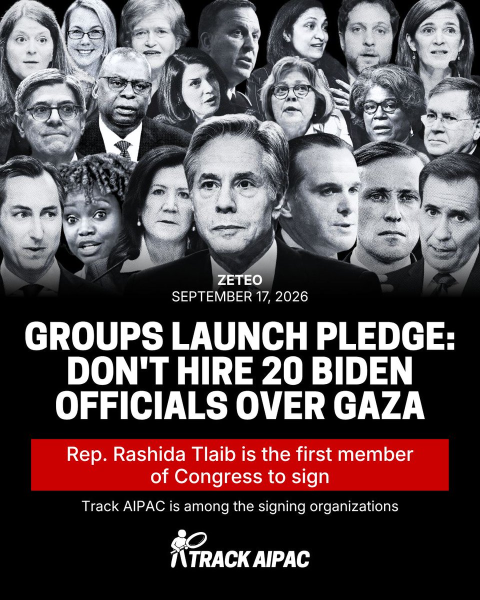TrackAIPAC's tweet photo. "On Thursday, organizers launched the @dropgenocide20 pledge: A “baseline accountability commitment pledging to not hire, consult, or otherwise promote top Biden White House officials who were responsible for promoting, lying about, and covering up the Gaza genocide,” 

"Organizations including Just Foreign Policy, Peace Action, About Face: Veterans Against the War, Palestinian Youth Movement, Democratic Socialists of America, and Track AIPAC have signed onto the effort. Rep. Rashida Tlaib is the first member of Congress to sign. Incoming Pennsylvania Congressman Chris Rabb tells Zeteo he will support it as well."

The  campaign lists 20 officials in the Biden-Harris administration it calls “most responsible” for boosting, lying about, or covering up the genocide. The list includes:

1. Antony Blinken: Secretary of State (2021-2025)

2. Jake Sullivan: National Security Advisor (2021-2025)

3. Brett McGurk: National Security Council Coordinator for the Middle East and North Africa (2021-2025)

4. David Satterfield: Special Envoy for Middle East Humanitarian Issues  (2023-2024)

5. Jon Finer: Principal Deputy National Security Advisor (2021-2025)

6. John Kirby: White House National Security Communications Advisor (2022-2025)

7. Matthew Miller: State Department Spokesperson (2023-2025)

8. Linda Thomas-Greenfield: United States Ambassador to the United Nations (2021-2025)

9. Karine Jean-Pierre: White House Press Secretary (2022-2025)

10. Barbara Leaf: Assistant Secretary of State for Near Eastern Affairs (2022-2025)

11. Dorothy Shea: United States Deputy Ambassador to the United Nations (2024-2025)

12. Jack Lew: United States Ambassador to Israel (2023-2025)

13. Lloyd Austin: Secretary of Defense (2021-2025)

14. Samantha Power: Administrator of the United States Agency for International Development  (2021-2025)

15. Stephanie Hallett: Chargé d’Affaires ad interim to Israel (2023-2023)

16. Mira Resnick: Deputy Assistant Secretary for Israeli and Palestinian Affairs (2024-2025)

17. Julieta Valls Noyes: Assistant Secretary of State for the Bureau of Population, Refugees, and Migration (2022-2024)

18: Michael Kurilla: Commander of United States Central Command from (2022-2025)

19. Uzra Zeya: Under Secretary of State for Civilian Security, Democracy, and Human Rights (2021-2025)

20. Deborah Lipstadt: Special Envoy to Monitor and Combat Antisemitism (2022-2025)