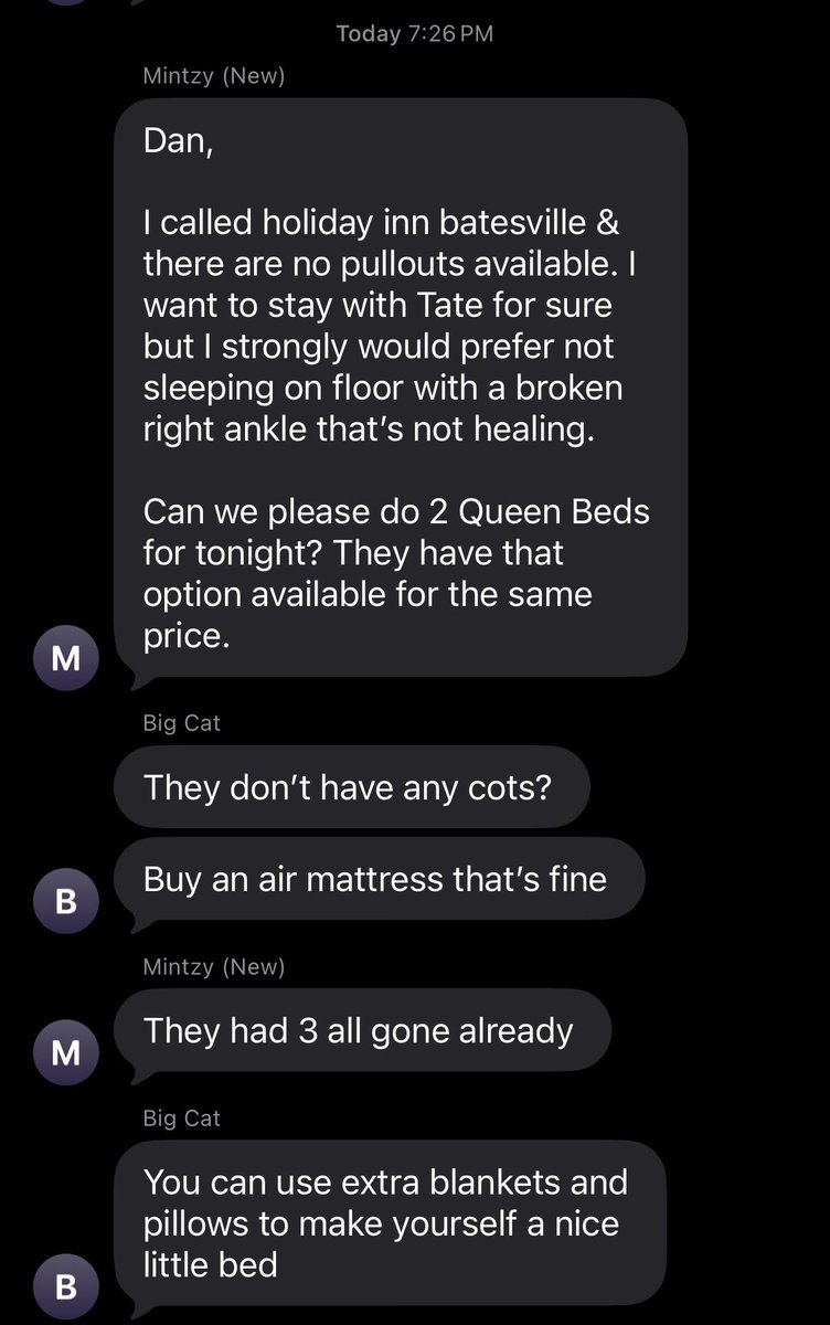 OhioTate's tweet photo. Per Source:

Big Cat is being hard on crime.

He has denied Mintzy’s plea to get two beds.

Mintzy will be sleeping on an air mattress tonight. 

We are headed to the Holiday Inn. Then to Walmart. https://t.co/dpwnOgOyap
